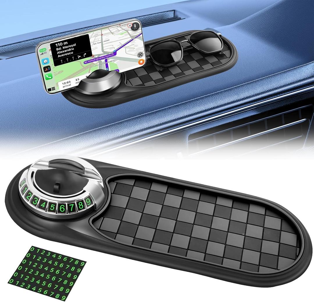 Multifunction Car Anti-Slip Mat, Rotatable Anti Skid Car Dashboard Pad with Temporary Parking Numbe, Universal Car Phone Holder, and Large Pad for Phones (Gray-Silver)