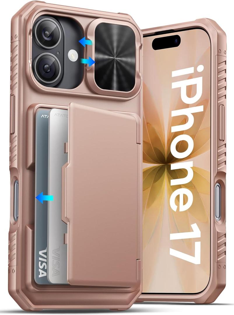 ATATOO for iPhone 17 Case with Card Holder (Store 3-5 Cards) & [RFID Blocking] & Slide Lens Cover, Military Grade Protection, Silicone Protective Wallet Cover Case for iPhone 17 6.3" 2025, Rose Gold