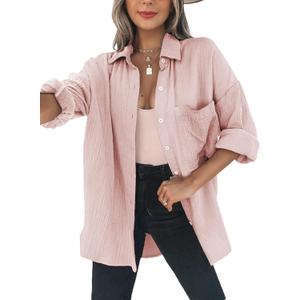 Dokotoo Womens Color Block Button Down Shirts Long Sleeve Oversized Boyfriend Blouses Tops, Large