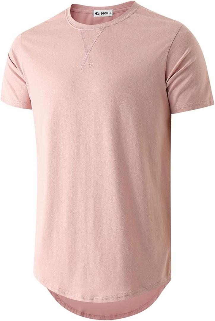 KLIEGOU Mens 100 Cotton Hipster Hip Hop Longline Crewneck T-Shirt Pre - Shrunk S-4XL (Large, 66 Pink)