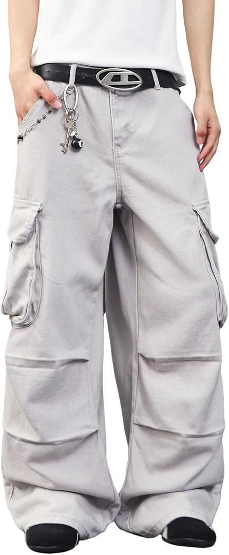 Mens Denim Baggy Pants with Cargo Pockets Mid Weight Casual Streetwear Wide Leg Jeans Hip Hop Skater Trousers (Medium, D15 Grey)