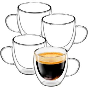 Glass Coffee Cups Set of 4, 8.5oz Double Walled Glass Mugs with Handles, Clear Insulated Coffee Mug Espresso Cups, Cappuccino Latte Tea Cups Set, Heat Resistant Borosilicate Clear Glasses