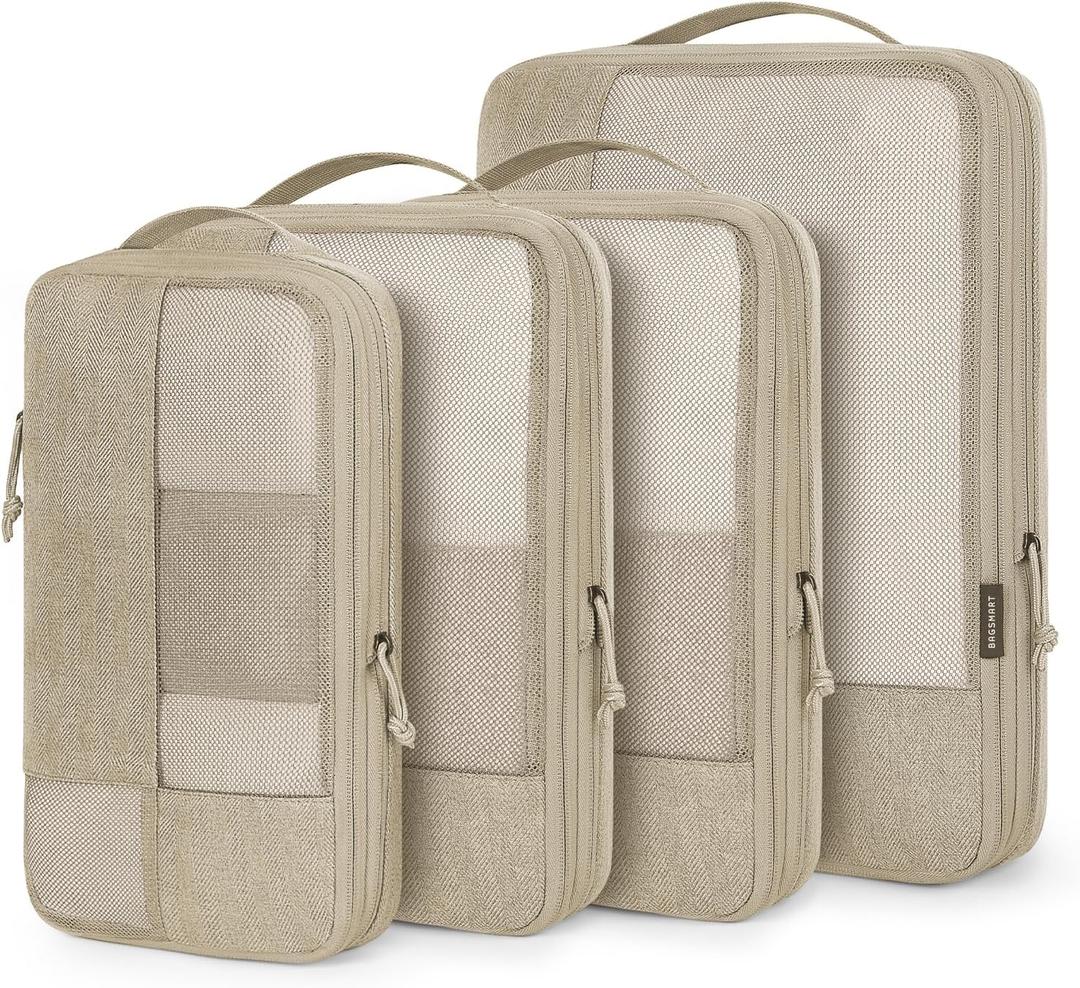 BAGSMART Compression Packing Cubes for Travel, 4 Set Packing Cubes for Carry on Suitcases, Compression Travel Cubes & Suitcase Organizer for Packing with Shoe Bag Black (Khaki)