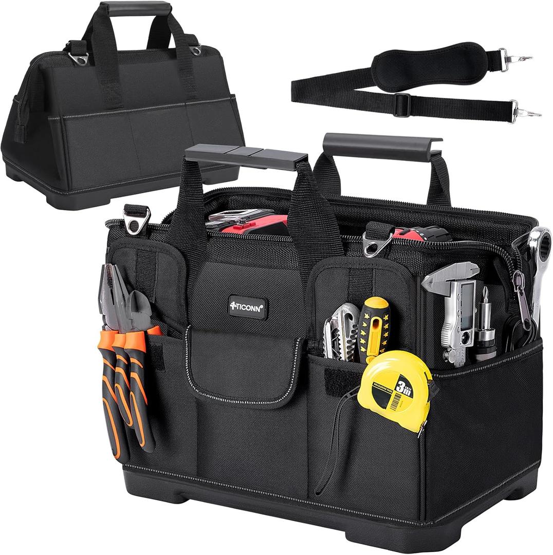 TICONN Heavy Duty Tool Bag with Multi-Pockets, Portable Tool Box Organizer Storage Bag, with Adjustable Shoulder Strap and Ergonomic Handle Black, 16" Molded Base