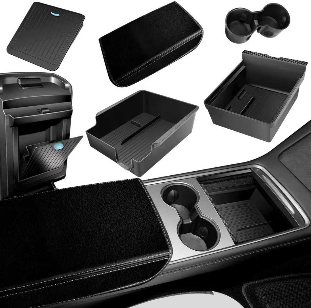 5Pcs Center Console Organizer Tray Compatible for Tesla Model Y Accessories 2025 2024-2021 Armrest Hidden Drawer Storage Box Cup Holder (black05)