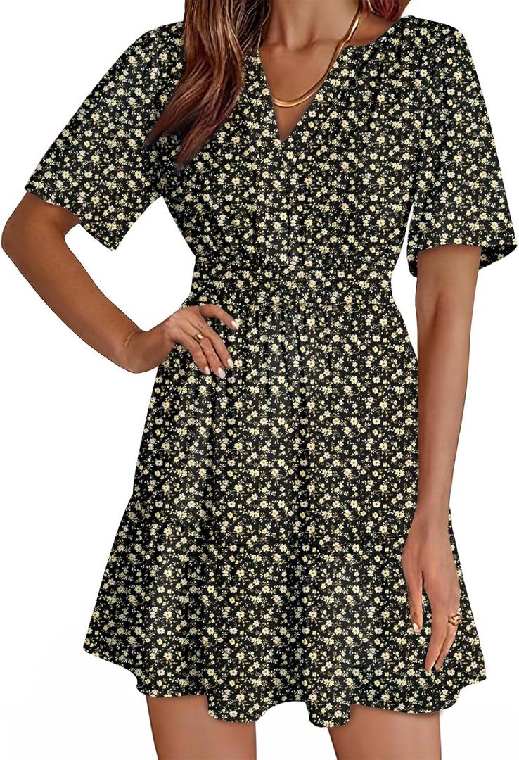 Dokotoo Womens Summer Dresses 2026 Boho Floral Short Sleeve V Neck Smocked Waist Casual A-Line Swing Mini Dress Sundress