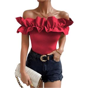 OYOANGLE Women's Ruffle Trim Off Shoulder Short Sleeve Blouse Party Tops Shirt (Red, M)