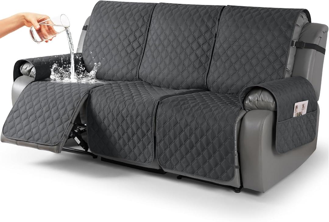 TAOCOCO 100% Waterproof Recliner Covers, Recliner Sofa Covers with Leg Straps, Reversible Recliner Couch Cover for Reclining Chair, Washable Couch Protector for Pets Kids(3 Seater, Charcoal Gray)