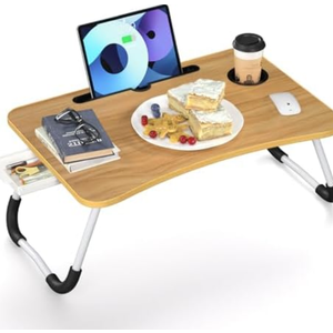 Foldable Laptop Bed Table Tray, Folding Lap Desk with Cup Holder, Portable Serving Breakfast Tray with Storage Drawer/Tablet Stand/for Working, Writing, and Eating on Bed, Sofa, Floor - Natural