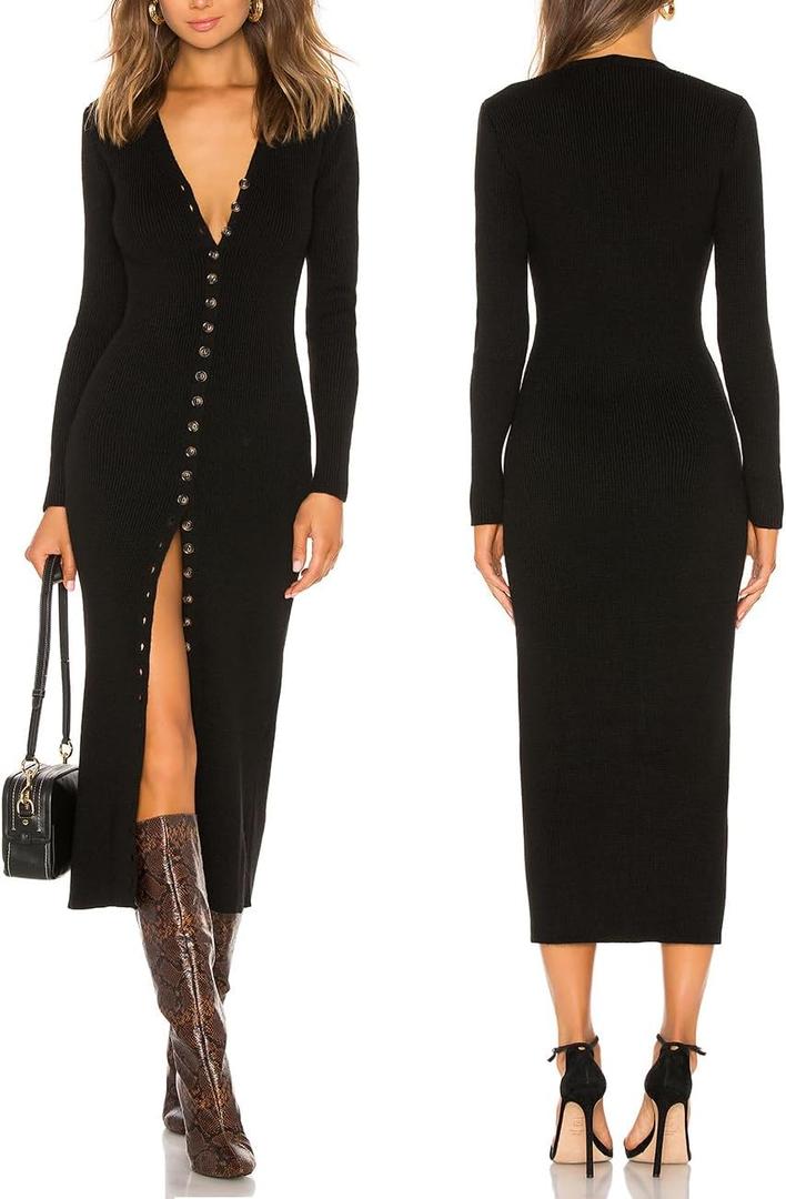 Capuffy Women's Button Down Sweater Maxi Dress Long Sleeve Open Front Long Cardigan Dress V Neck Fall Knit Bodycon Dresses 88 (Black, Small)