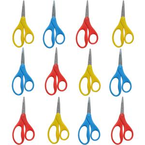 Westcott Kids Scissors 5", Pointed, 12-Pack, (4 Yellow, 4 Red, 4 Blue)