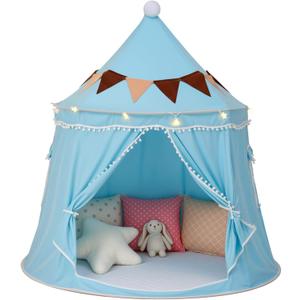 Play Tent with Padded Mat, Star Lights and Flags, Large Playhouse Kids Castle Tents, Indoor Outdoor Game Tent, Portable Children Yurt Tents, Gift for Boys & Girls, 47''x45'', Blue