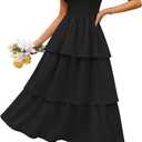 ZESICA Women's Summer Smocked Midi Dress 2026 Casual Puff Short Sleeve Flowy Tiered Boho Beach Vacation Long Dresses (Medium, Black)