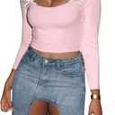 WDIRARA Women's Square Neck Bow T Shirt Long Sleeve Tee Going Out Top T-Shirts (Large, Pink)