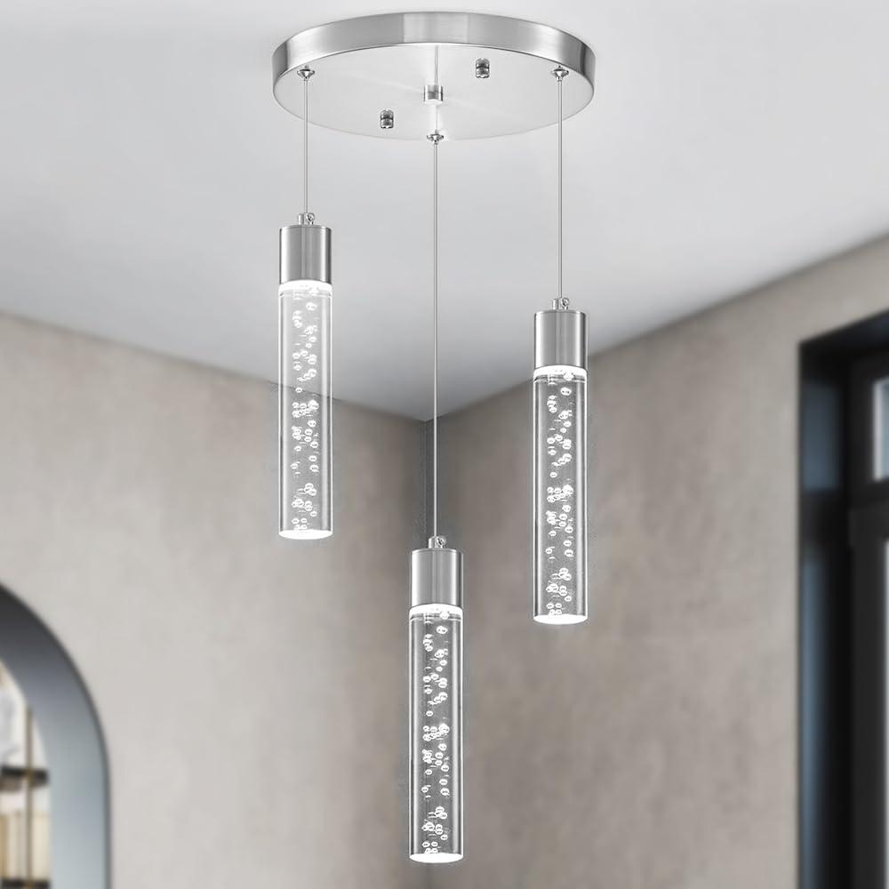 Pendant Lights Kitchen Island Hanging Light Fixture, LED Dining Room Light Fixture 3-Light Brushed Nickel 20W 6000K (9.8in)