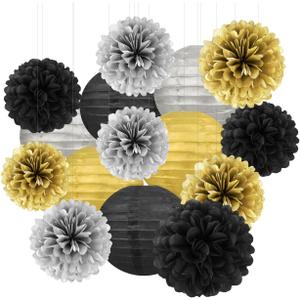 Black Silver Gold Party Decorations - 15Pcs Paper Flowers Tissue Pom Poms Paper Lanterns Graduation Hanging Decor Retirement Decoration 50th 80th 90th Men Birthday Anniversary HongTongTong