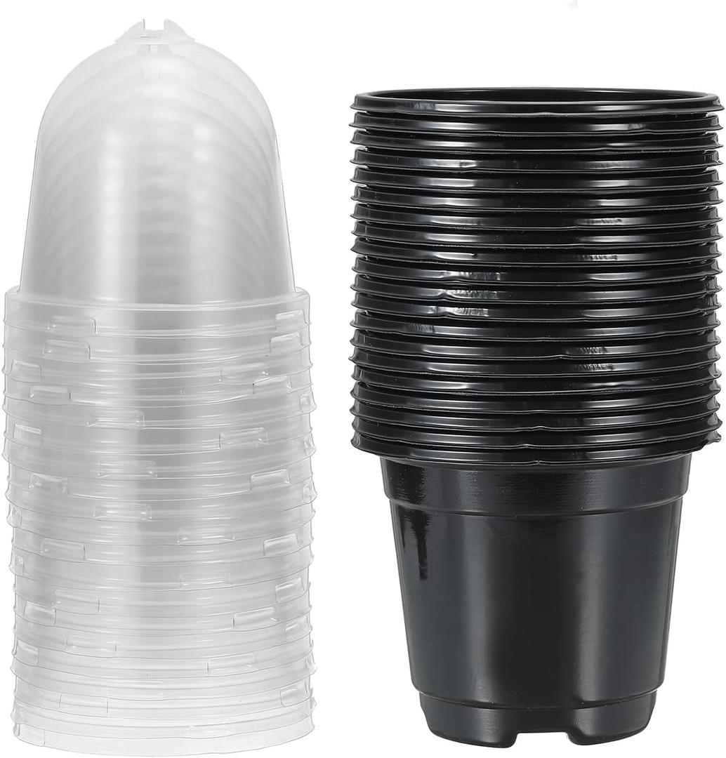 PATIKIL Nursery Pots with Humidity Dome, 20 Sets 3.5" Plastic Gardening Pot Planting Container Cups Plant Starting Pots with Drainage Holes, Black