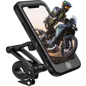 Waterproof Pouch Bike Phone Mount 4 to 6.7 Inch - Universal Motorcycle Handlebar with 360 Rotation Touch Screen Aluminium Handlebar Clamp-iPhone 17 16 15 14 13 Pro Max Samsung S24 S23-Anti-Shake GPS