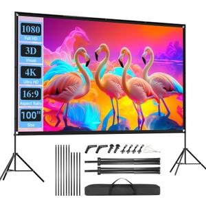 Outdoor Projector Screen with Stand, SCREENMAX 100 inch Foldable Projector Screens with Portable Carry Bag, 16:9 4k HD Rear Front Wrinkle-Free Projection Screen for Movie Night and Indoor Home Theater