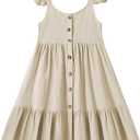 Girls Ruffle Trim Dress Kids Casual Elastic Crew Neck Solid Color A-line Swing High Waist Midi Dress 120