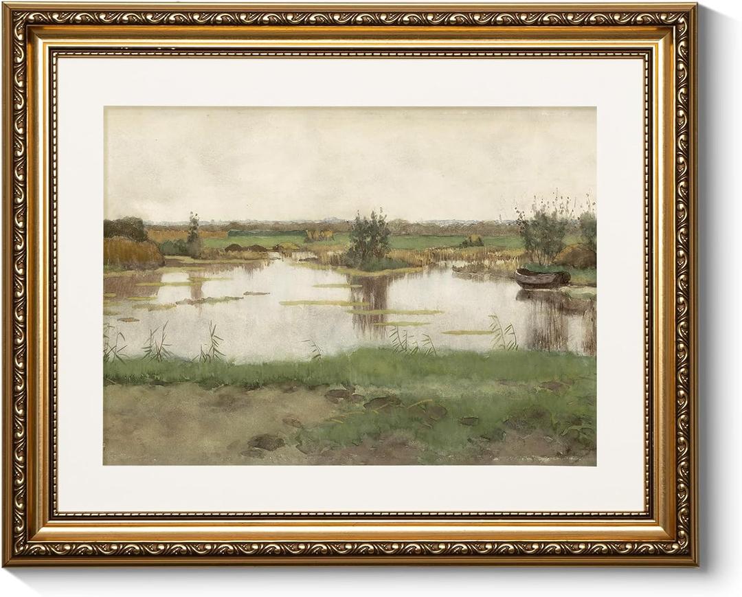 ARPEOTCY Vintage Gold Framed Wall Art Decor, Landscape Marsh Meadow Canvas Prints Aesthetics Artwork, Farmhouse Wall Art for Living Room Bedroom Bathroom, 13x16 inch (16L" x 13W", A Puddle in a Meadow)