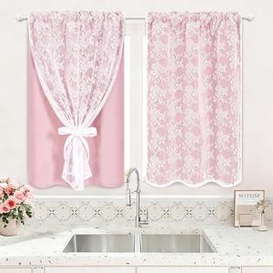Yinhua Pink Kitchen Curtains 36 Inch Length Double Layer Blackout Cafe Curtains with Floral Sheer Overlay Rod Pocket Short Curtain for Windows, Small Window Curtain for Bathroom, Living Room, 2 Panels