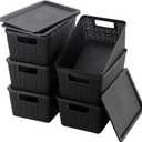 6 Pack Plastic Storage Baskets With Lids,Black Breathable Stackable Storage Bins,Small Storage Containers,for Organizing Storage Baskets on Desktops,Closets,Playrooms,Classrooms,Offices (9.8"D x 6"W x 4.8"H)