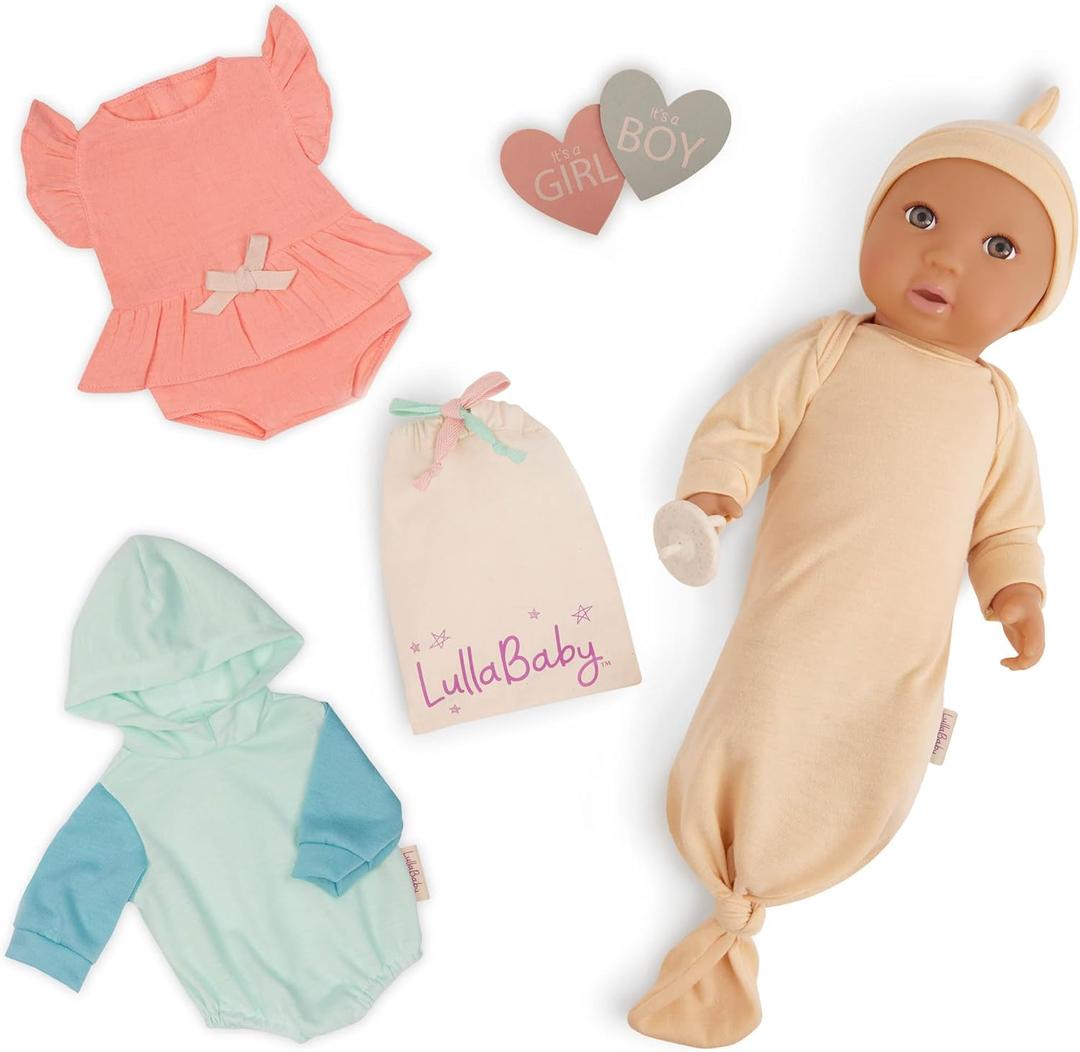 LullaBaby  14-Inch Realistic Baby Doll  Brown Eyes, Fair Skintone & Huggable Soft Body  Boy or Girl Gender Reveal Accessories  Pretend Play 2+ Years Gender Reveal Baby Doll