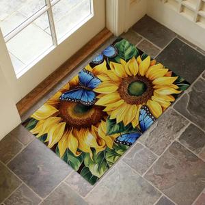 Sunflower and Blue Butterfly Indoor Door Mat for Entryway, 17x29.5 Inch, Floral Design Floor Doormat for Home Decor, Non-Slip Rug Mat for Living Room, Kitchen, Bedroom, Gifts for Garden Lovers