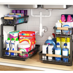 PXRACK Under Sink Organizer, Adjustable Height, 2 Tier Pull Out Under Cabinet Organizer, Slide Out Thickened Metal Under Sink Storage for Kitchen Bathroom Laundry Pantry Cabinet, Black, Large2Pack