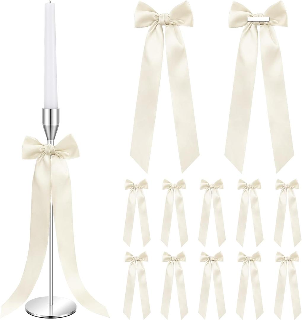 12 Pcs Ivory Candlestick Bows Decor 13 Inch Large Coquette Decorations Bows for Table Self Adhesive Candle Holder Gift Wrapping Wedding Bridal Shower Bachelorette Party Centerpieces