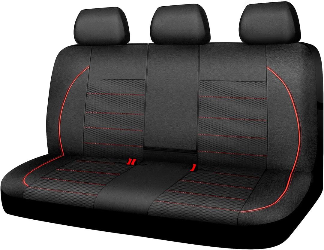 CAR PASS Leather Back Seat Cover,Piping Waterproof Bench Seat Cover, Rear Seat Cover Universal Fit for Cars Sedans SUVs Truck 95% Automotive Interior Backseat Car Covers (Rear,Black and Red)