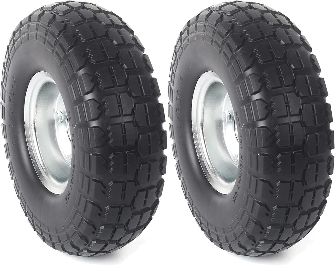 AR-PRO (2-Pack) 10-Inch Solid Rubber Tire Wheels - Replacement 4.10/3.50-4" Flat Free Tire with 5/8" Bearings, 2.2" Offset Hub - Compatible with Hand Truck, Wheelbarrow, Dolly, Gorilla Carts (Silver)