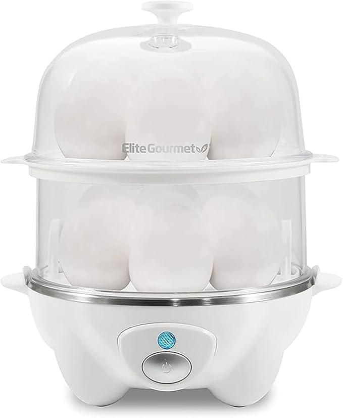 Elite Gourmet EGC1405W 2-Tiered Rapid Egg Cooker, 5-Egg Poacher, Omelets, Soft, Medium, Hard-Boiled Eggs with Auto Shut-Off and Buzzer, BPA Free, 14 eggs, White
