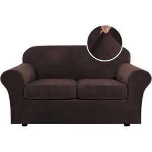 H.VERSAILTEX Real Velvet Plush 3 Piece Stretch Sofa Covers Couch Covers for 2 Cushion Couch Loveseat Covers Width Up to 72 Inch Feature Thick Soft Stay in Place (Medium Sofa, Brown)