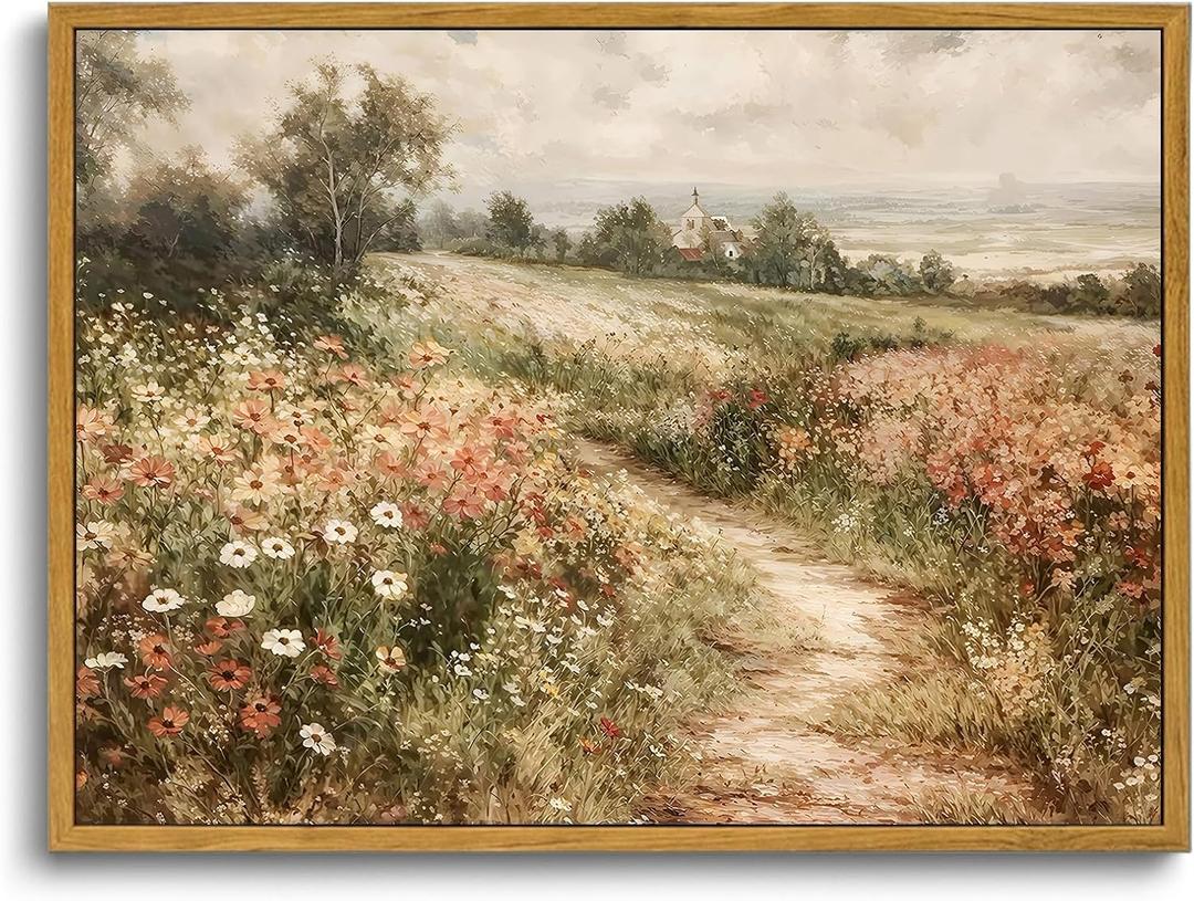 OIQArtOIQ Framed Canvas Wall Art,Vintage Decor,Landscape Nature Country Wildflower Paintings Farmhouse Pictures Modern Artwork Rustic Fall Flower Prints Cottagecore Office Living Room Bedroom Bathroom (10L" x 8W")