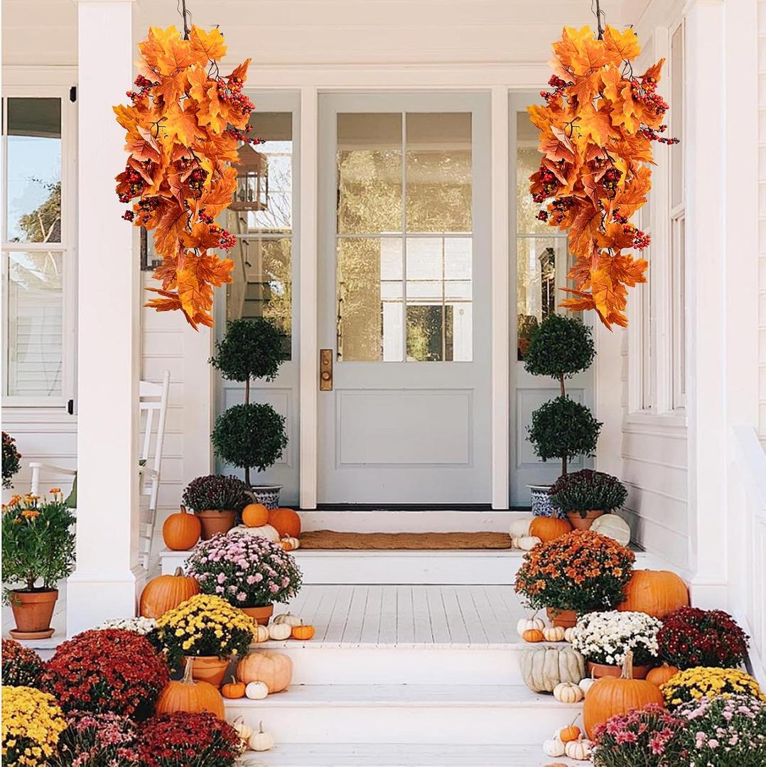 2 pcs 31.5inch Fall Hanging Maple Leaves Plants Autumn Wall Decor Wall Hanging Maple Leaves for Autumn Indoor Outdoor Home Fireplace Thanksgiving Party Halloween Decor