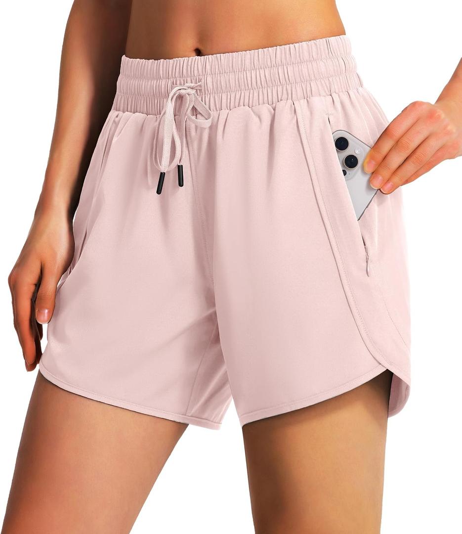 Ksmien Women's 5" Athletic Running Shorts Quick Dry Lightweight Workout Gym Shorts with Zipper Pockets UPF 50+ Pink M