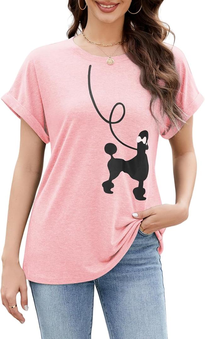 ZAFUL Women's Poodle Printed Tops 1950s Vintage Costume Party Cute Short Sleeve Tunic Top T-Shirt A-Pink, Small