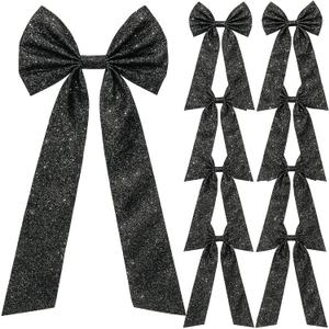 Bucherry 8 Pcs Large Black Glitter Christmas Bows Ornaments with Twist Tie 7x16 Inch Black Christmas Tree Bows Wreath Decorative Metallic Glitter Ribbon Bow for Xmas Party Decoration, Gift Wrapping