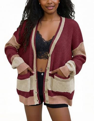 LKOUS Women's Sweater Cardigan with Pockets, Lightweight Casual Color Block Open Front Knit Cardigans Outerwear Red, Large