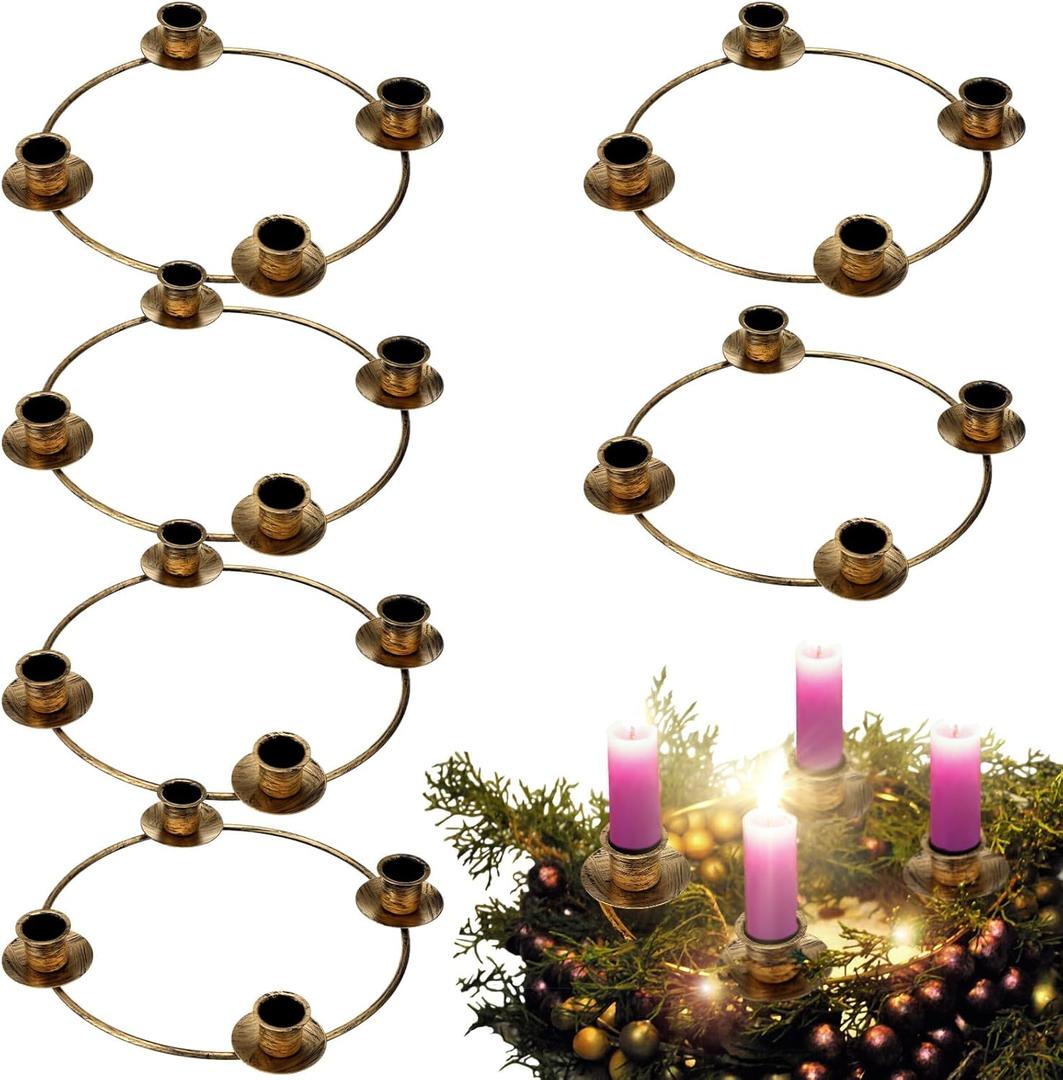 6 Pcs Christmas Advent Wreath Ring Advent Candle Holder Wreaths Rings Bronze Xmas Metal Wrought Iron Candlestick Taper Metal Candle Holder for Home Table