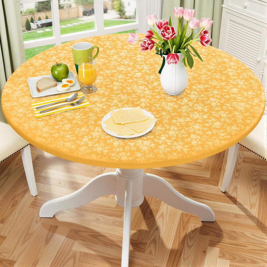 Smiry Round Picnic Tablecloth, Elastic Waterproof Fitted Heavy Duty Vinyl Tablecloths for 45"-56" Tables, Wipeable Washable Table Cover for Kitchen, Dining, Camping, Outdoor, Mustard Yellow