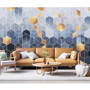 Blue and Gold Geometric Wallpaper Mural for Living Room BedroomNot Peel and Stick (160" x 106", CYBH-930)