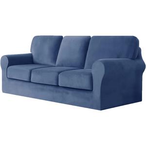 vctops 7 Pieces Velvet Stretch Sofa Cover for 3 Seater Couch Soft Washable Sofa Slipcover with Individual Backrest and Cushion Covers for Kids Cats Dogs (ST Blue,3 Seat)
