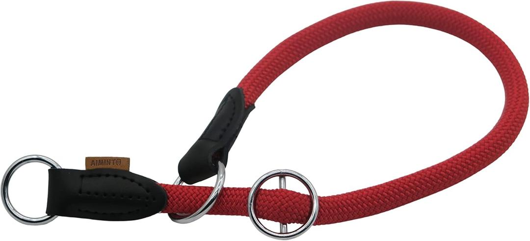 Aiminto Braided Round Martingale Dog Collar, Training Collar with Slidable Stop Ring - Ideal for Medium/Large Dogs (M+(1/2") - 18" Long, Red)