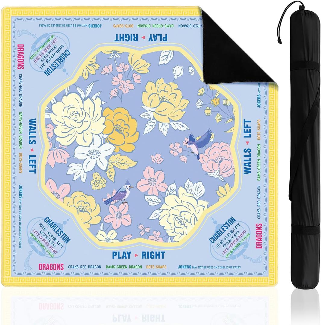 Soulchen Blue and Yellow American Mahjong Mat with Rules for Table, No Creases, Ships Rolled, 31.5 x 31.5 Non-Slip Noise Reduction Gaming Mat with Carrying Bag for Poker Card Board Games Dominoes