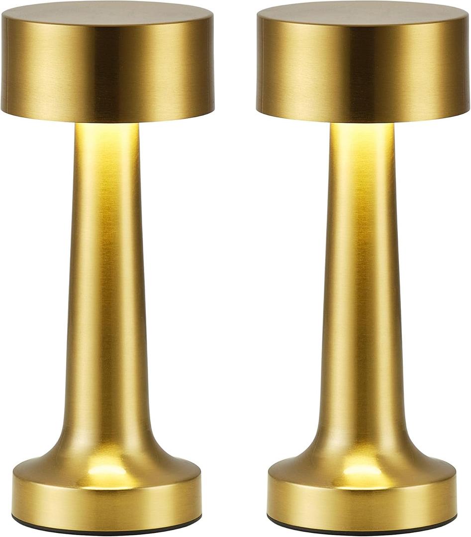 PUSU Cordless LED Gold Small Table Lamps Set of 2, Portable Rechargeable 4000mAh Battery Operated Desk Lamp, 3 Color Stepless Dimming for Kids, Restaurant, Bedside, Outdoor, Bar, Night Light, Gift