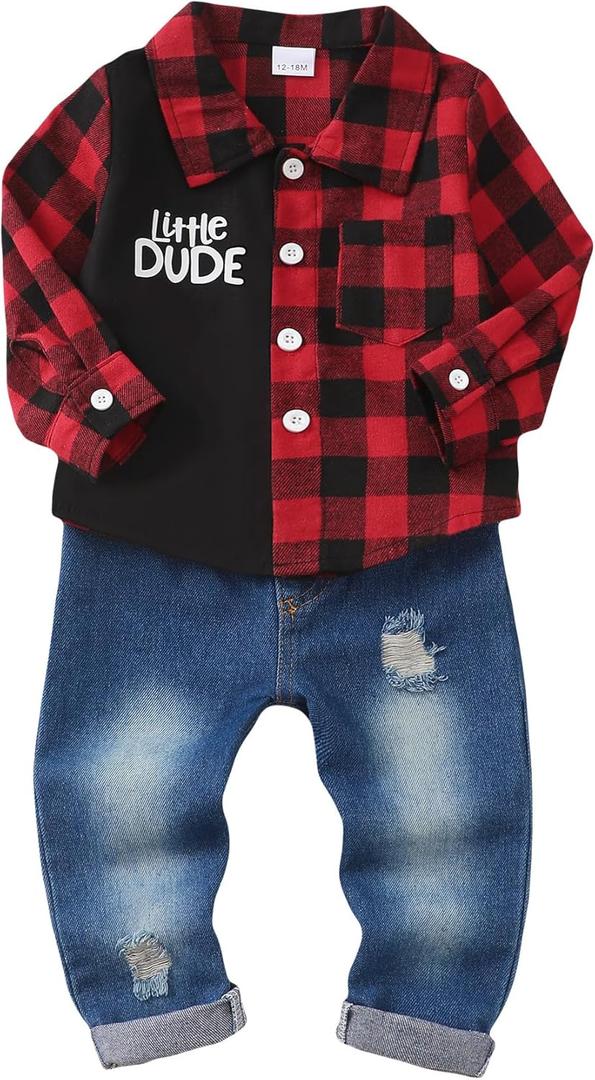 NZRVAWS Toddler Baby Boy Clothes Infant Plaid Pocket Shirt Denim Ripped Jean Pants Outfits Set 6-24 Months 2-5T (Red Block Plaid)