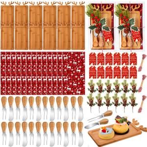 LemonRoad 12 Set Christmas Cutting Board Gift Christmas Reindeer Cutting Board with Knives Forks Kitchen Towels Merry Gift Tags Charcuterie Boards Bamboo Serving Tray for Xmas Birthday Party Favors